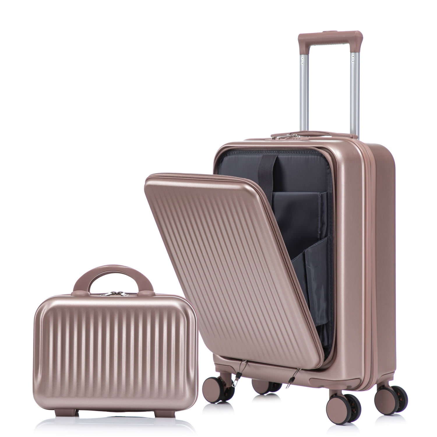 14"/20" 2 pcs/set in ABS Spinner Wheel Luggage, with Combination Lock and Front Opening Design, 14" Cosmetic Case (Champagne)