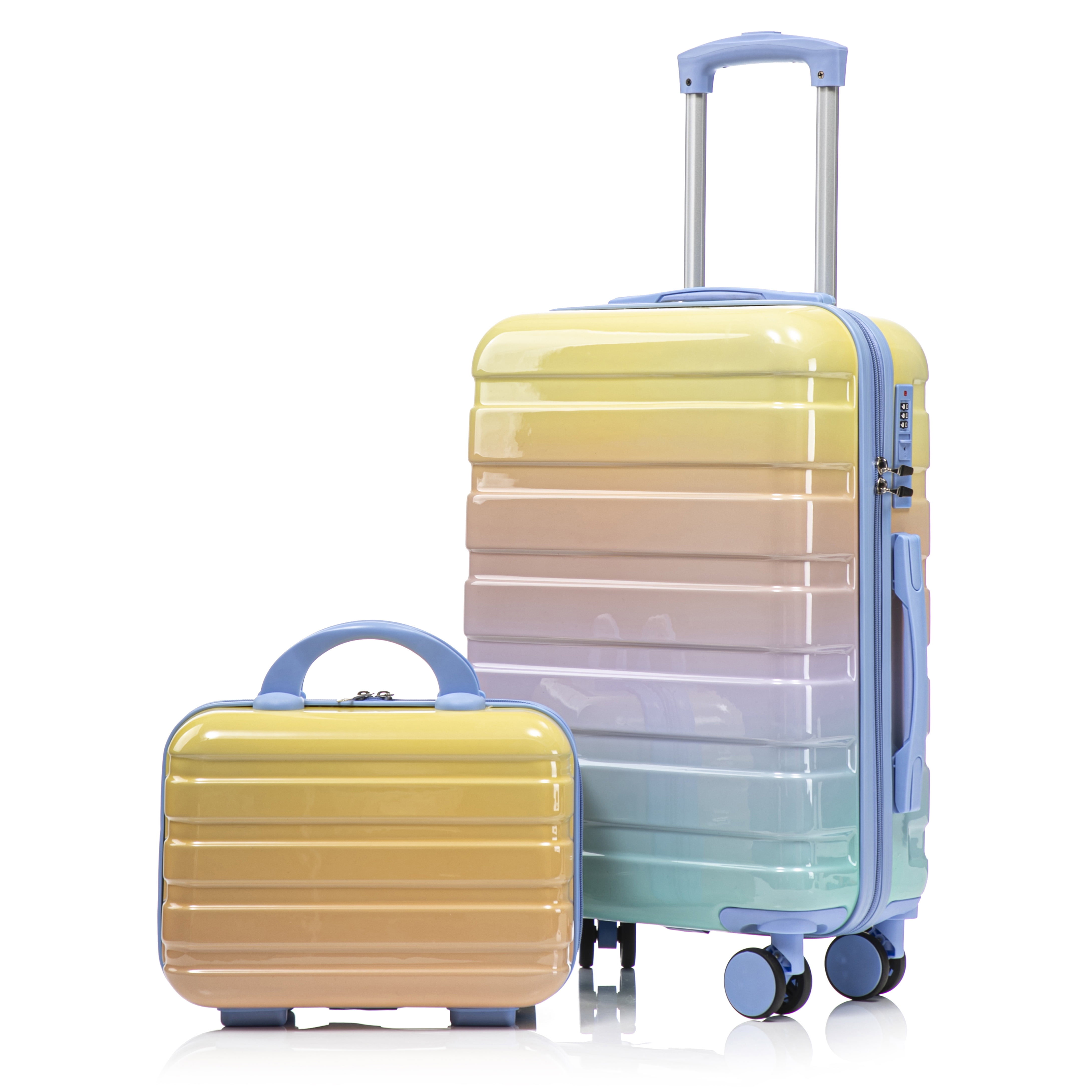 14"/20" 2 pcs/set in PC Spinner Wheel Luggage, Carry on Suitcase, With Gradient Color and Combination Lock (Blue+Yellow)