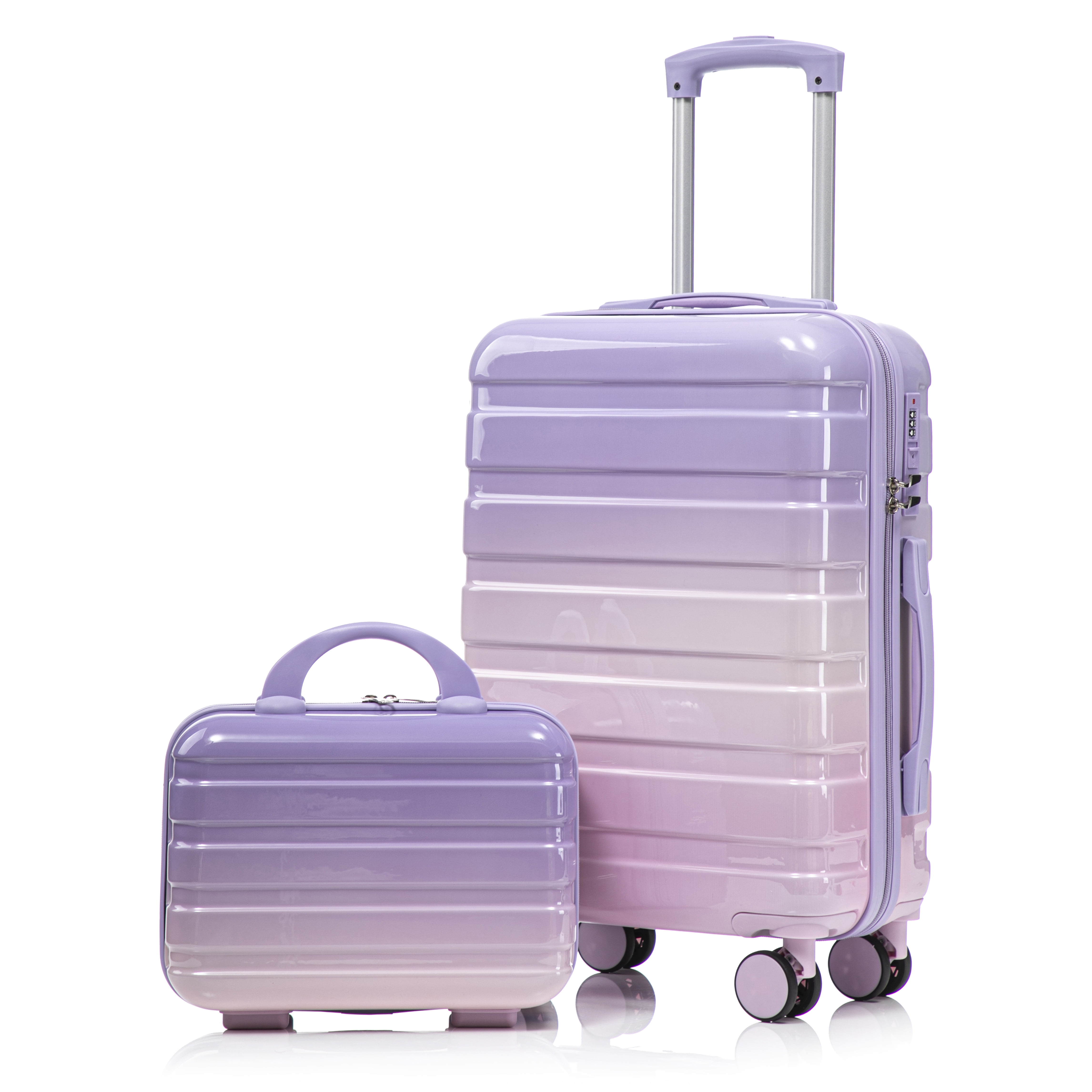 14"/20" 2 pcs/set in PC Spinner Wheel Luggage, Carry on Suitcase, With Gradient Color and Combination Lock (Pink+Purple)