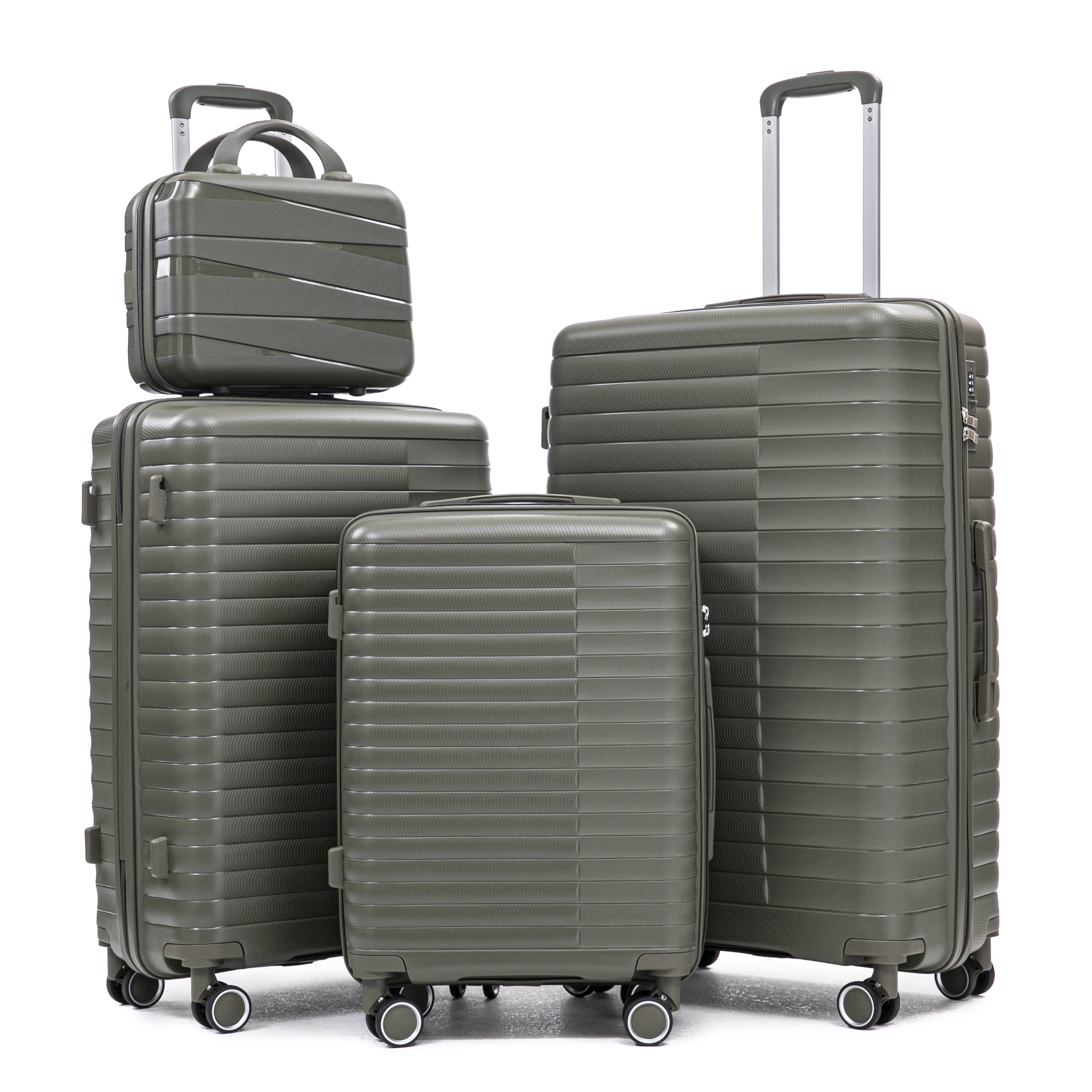 14"/20"/24"/28" 4Pcs/Set in PP Spinner Wheel Luggage, Carry on Suitcase, Iron Pull Rod, Combination Password Lock, 14" Cosmetic Case (Green)