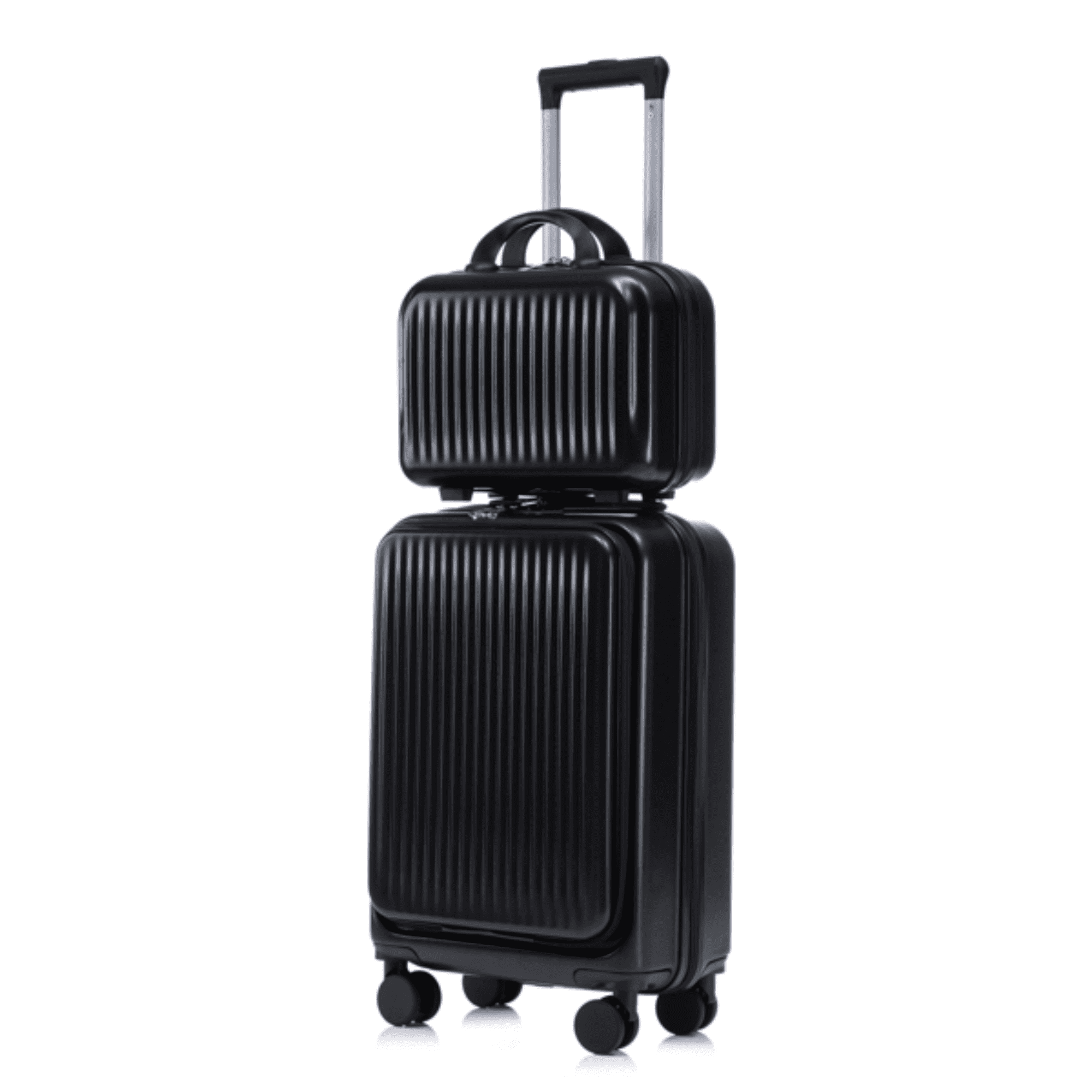 14"/20" in ABS Spinner Wheel Luggage, 2Pcs/Set with Combination Lock and Front Opening Design, 14" Cosmetic Case (Black)