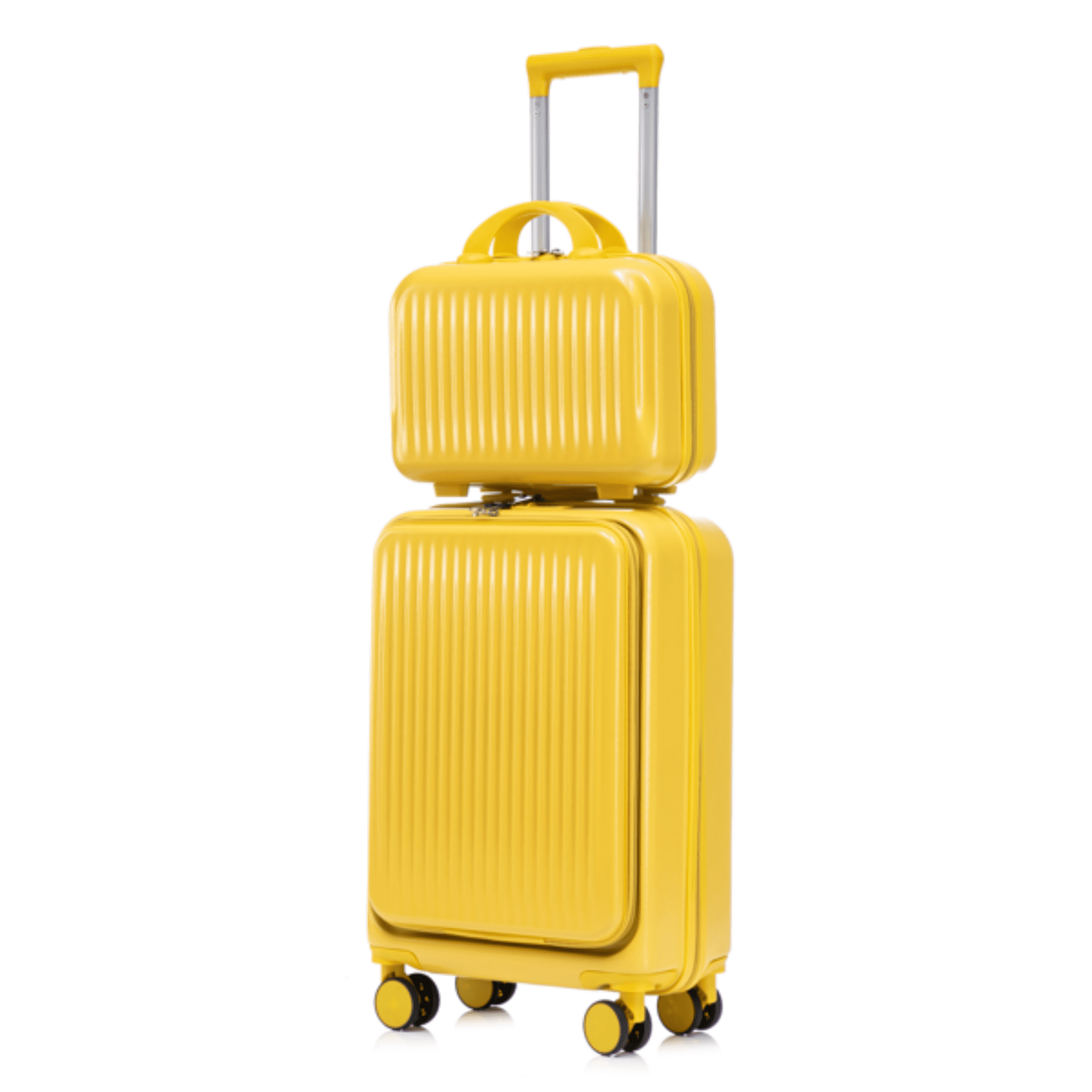 14"/20" in ABS Spinner Wheel Luggage, 2Pcs/Set with Combination Lock and Front Opening Design, 14" Cosmetic Case (Yellow)