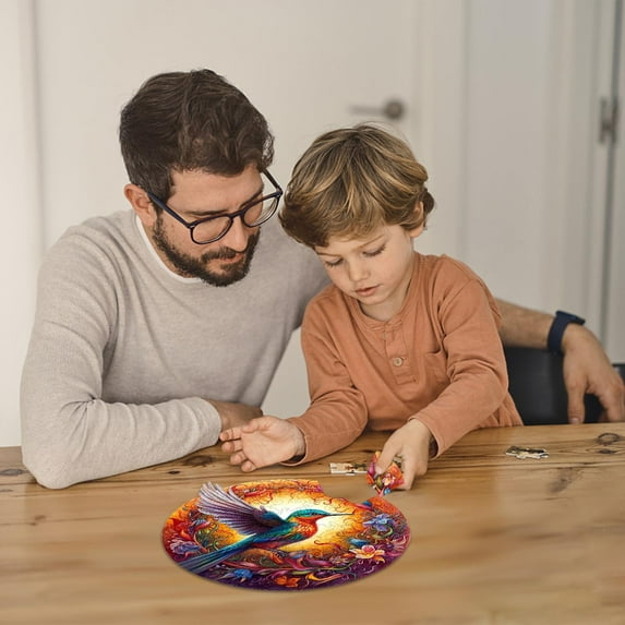 14/21/28cm Wooden Bird Puzzle, Unique Modern Hummingbird Puzzle for Adults, Round Bird Puzzle with Flower, Durable Wooden Jigsaw Puzzles Gift for Office Home Games and Decoration