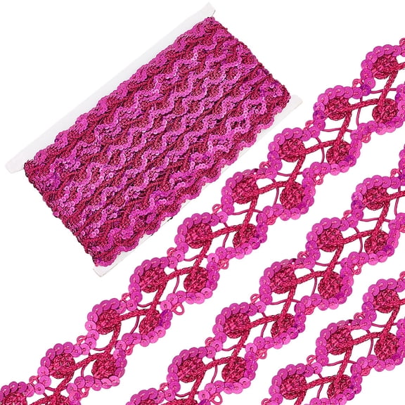 14.22 Yards 1.1 Inch Hot Pink Sequin Ribbon Trim Metallic Gimp Woven Braid Lace Fabric Trimming Glitter Flat Sequins Beaded Strip Bulk