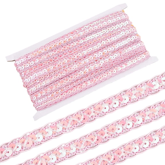 14.22 Yards 1/2 Inch Pink Sequin Ribbon Trim Flat Sequins Beaded Strip Metallic Glitter Gimp Woven Braid Lace Fabric Trimming Bulk