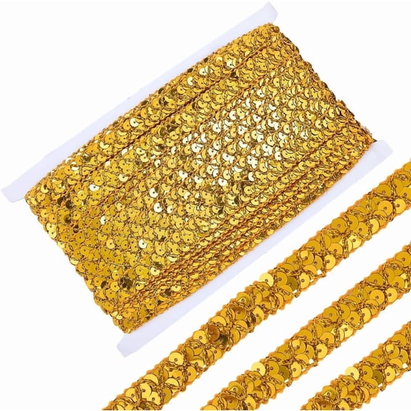 14.22 Yards 15mm Gold Sequin Ribbon Trim Braid 2 Rows Glitter Paillette Metallic Strips Shiny Webbing Fabric Sequins Beads Strip