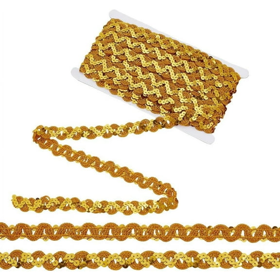 14.22 Yards Sequins Beaded Lace Trim 5/8 inch Wave Glitter Br Trim Bling Strip Paillette Roll Ornament Accessories for Crafts Embellishments DIY Sewing Costume Gold