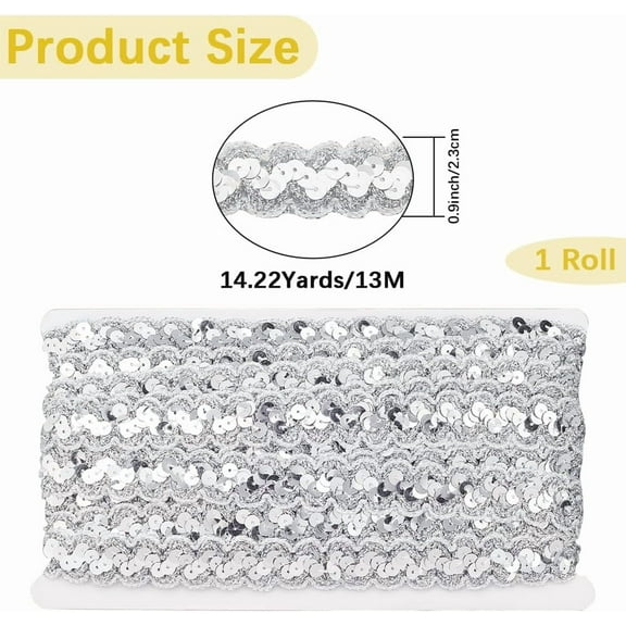 14.22 Yards Silver Sequin Trim Flat Sequins Beaded Strip Rick Rack Wave Woven Trimming Metallic Glitter Braid RIC Rac Ribbon for Sewing Making Craft Choker Wedding Home Decor Supply