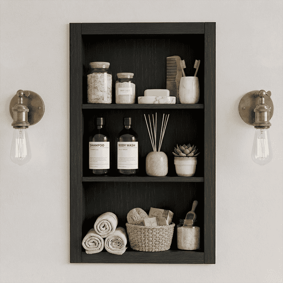 HAIDAIYA 14'' * 24'' Recessed Medicine Cabinet Wall Niche Wood, 3-Tier Bathroom Niche Insert for Drywall, in Wall Shelf Medicine Cabinets Replacement, for Living Room, Bathroom Storage, Black
