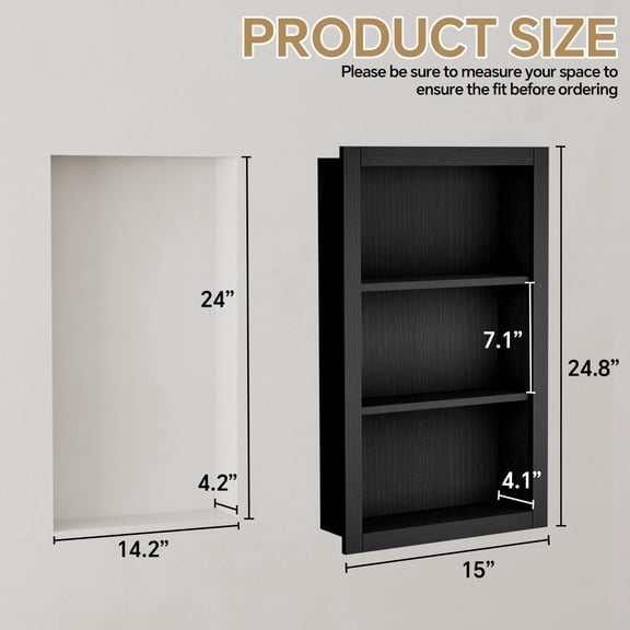 14'' * 24'' Recessed Medicine Cabinet Wall Niche Wood, 3-Tier Bathroom Niche Insert for Drywall, in Wall Shelf Medicine Cabinets Replacement, for Living Room, Bathroom Storage, Black