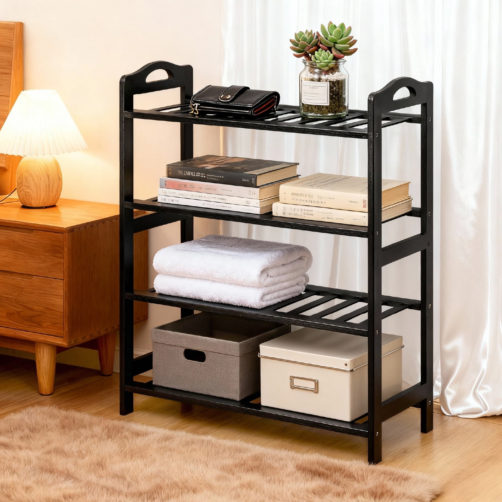Portable 4 Tier Black Bamboo Shoe Rack with Handles 12 Rod Sturdy Frame Space Saving for Apartment Dorm Entryway