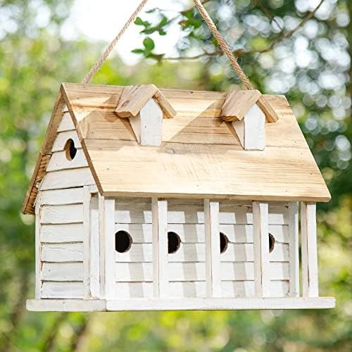 14.25”L Wood Hanging Birdhouse for Outdoors Oversized Distressed Cottage Painted Bird House Rustic Bird House for Bluebird Wren Chickadee Sparrow Bird Nest Box for Garden Patio, Washed White