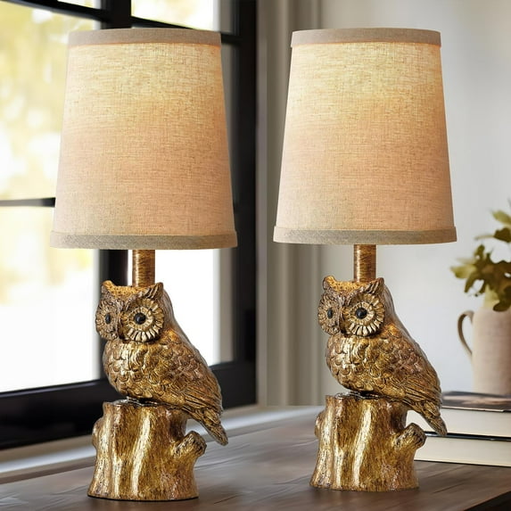 Owl Table Lamps Set of 2 - 14.25" Rustic Farmhouse, Gold Resin Base Nightstand Lights for Bedroom/Living Room (Vintage Style)
