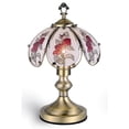 thumbnail image 1 of 14.25" Tall Metal Touch Table Lamp, Antique Brass finish, Rose-Patterned Glass Shade, 1 of 2