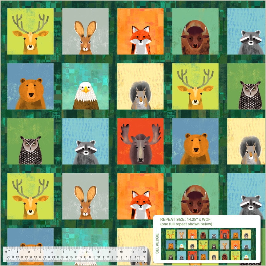 Wild North Green Cotton Fabric Panel with Woodland Animals