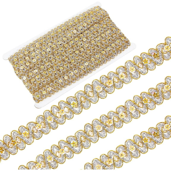 14.2Yds Gold Lace Fabric Sewing Embroidery Sequin Ribbon 3/4" Waved Paillette Lace Trims Flower Sparkle Lace Trimming Metallic Glitter Braid Trim for Sewing Christmas Dress Clothing Crafts DIY
