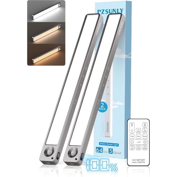 14.2inch Under Cabinet Lighting Wireless,Rechargeable Motion Sensor Light Indoor,3 Colors Dimmable,Magnetic Closet Lights with Remote,Under Counter Lights for Kitchen,Dark Gray 2Pack