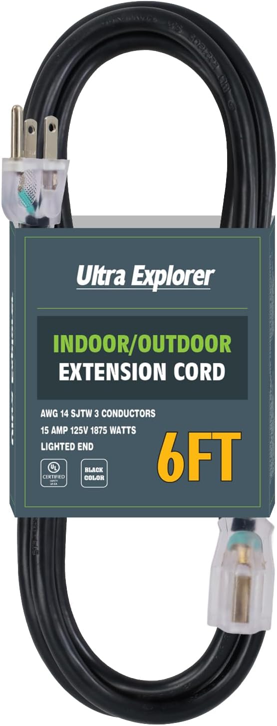 14/3 SJTW Heavy Duty Indoor Extension Cord 6 ft 3 Prong Black Power