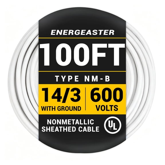 Energeaster 14/3 NM-B White Cu Electrical Wire, 100 ft Length 600V with Ground, UL Listed, Heavy-Duty PVC Insulated Cable for Residential Indoor Wiring