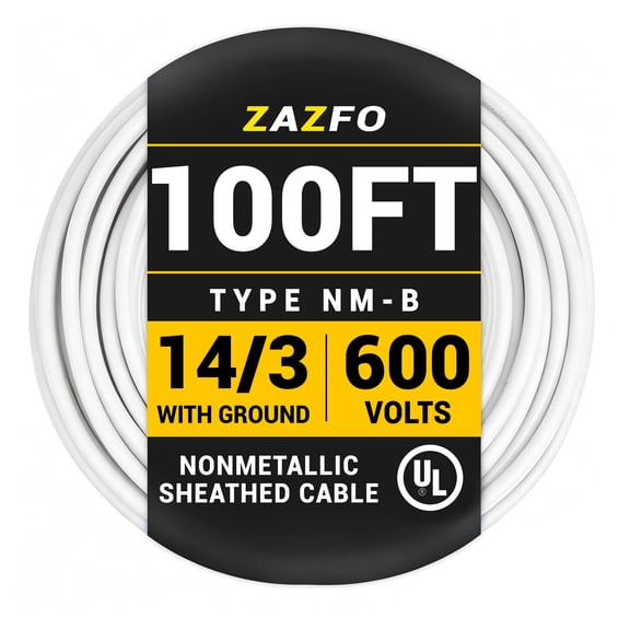 ZAZFO 14/3 NM-B White Cu Electrical Wire, 100 ft Length 600V with Ground, UL Listed, Heavy-Duty PVC Insulated Cable for Residential Indoor Wiring