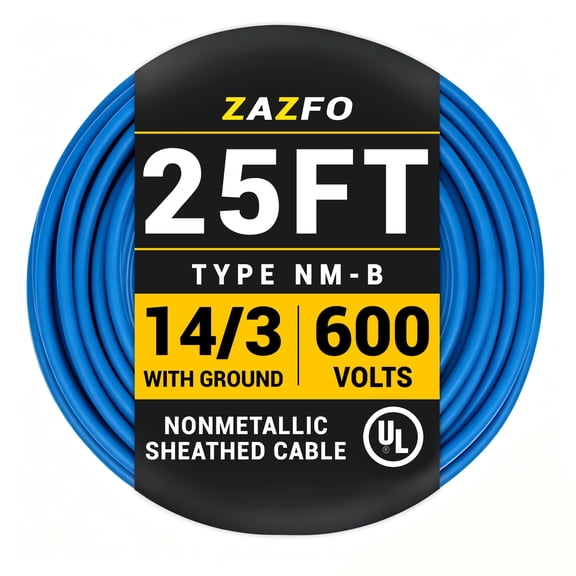 ZAZFO 14/3 NM-B Blue Cu Electrical Wire, 25 ft Length 600V with Ground, UL Listed, Heavy-Duty PVC Insulated Cable for Residential Indoor Wiring