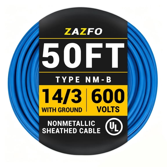 ZAZFO 14/3 NM-B Blue Cu Electrical Wire, 50 ft Length 600V with Ground, UL Listed, Heavy-Duty PVC Insulated Cable for Residential Indoor Wiring