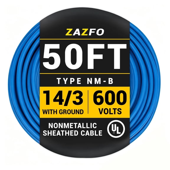 ZAZFO 14/3 NM-B Blue Cu Electrical Wire, 50 ft Length 600V with Ground, UL Listed, Heavy-Duty PVC Insulated Cable for Residential Indoor Wiring