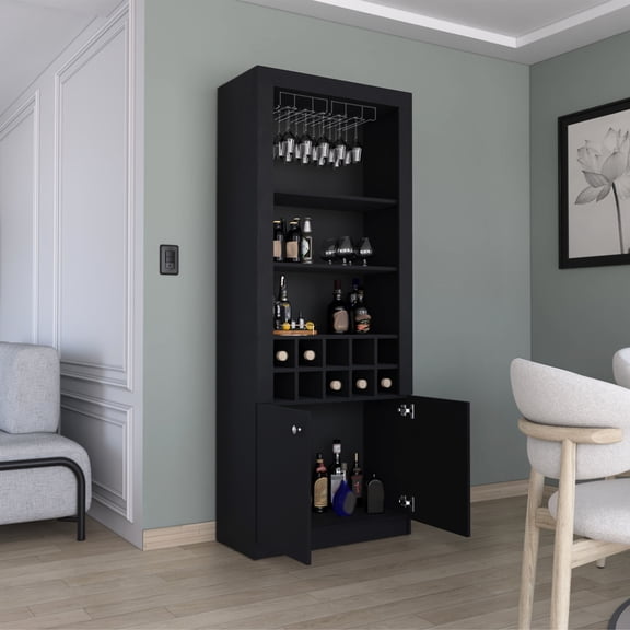 14.30-Inch Deep Modern Bar Cabinet with Wine and Glass Holder Ideal for Kitchen or Garage Storage