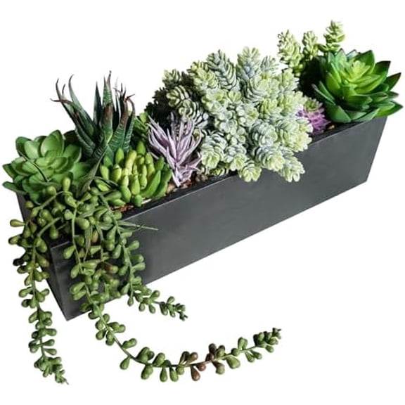 14" Artificial Succulent Plants Arrangement Assorted Faux Succulents in Rustic Black Rectangular Wooden Planter Box Faux Potted Plant Decor for Farmhouse Home Windowsill Shelf Table Centerpiece