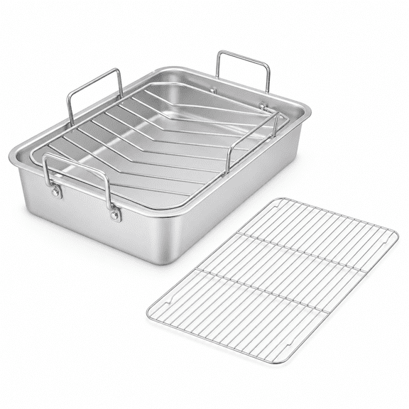 14" Roaster Roasting Pan with Baking Rack and V-shaped Rack, Stainless Steel Rectangular Lasagna Pan with Handles for Turkey Chicken, Healthy & Dishwasher Safe, 3 Pieces, Silver
