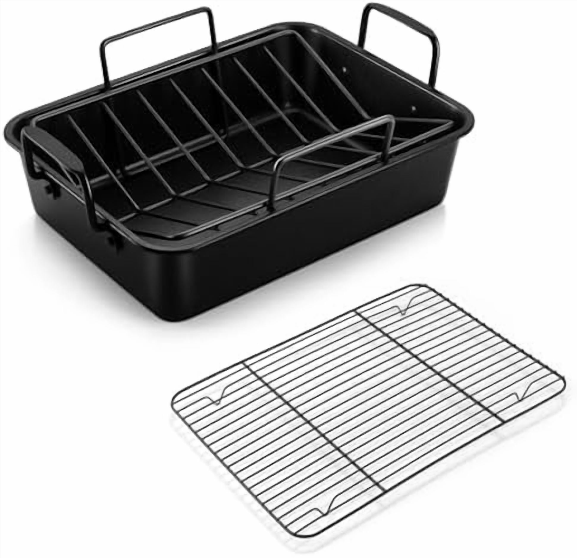 14" Roaster Roasting Pan with Baking Rack and V-shaped Rack, Stainless Steel Rectangular Lasagna Pan with Handles for Turkey Chicken, Healthy & Dishwasher Safe, 3 Pieces, Black