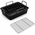thumbnail image 1 of 14" Roaster Roasting Pan with Baking Rack and V-shaped Rack, Stainless Steel Rectangular Lasagna Pan with Handles for Turkey Chicken, Healthy & Dishwasher Safe, 3 Pieces, Black, 1 of 7