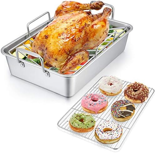 14" Roaster Roasting Pan with Baking Rack and V-shaped Rack, Stainless Steel Rectangular Lasagna Pan with Handles for Turkey Chicken, Healthy & Dishwasher Safe, 3 Pieces, Silver
