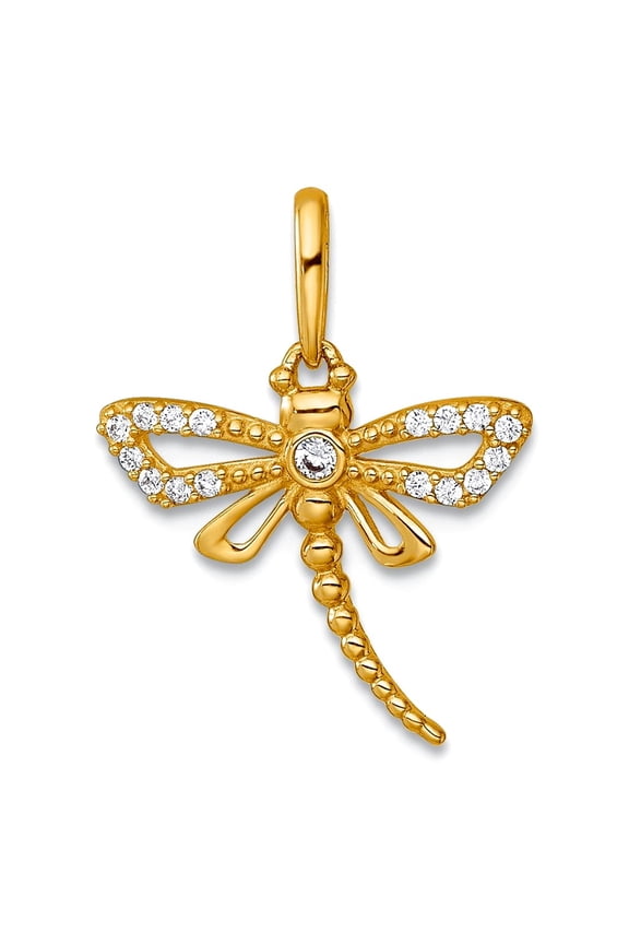 14.35mm 14k Solid Yellow Gold Polished and Beaded Cubic Zirconia Dragonfly Pendant Necklace Pendant for Women