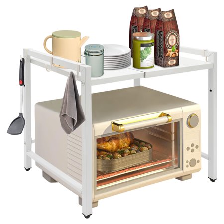 14.37inch White 2-Tier Microwave Oven Rack Adjustable Shelf with 6 Hooks Kitchen Counter Organizer
