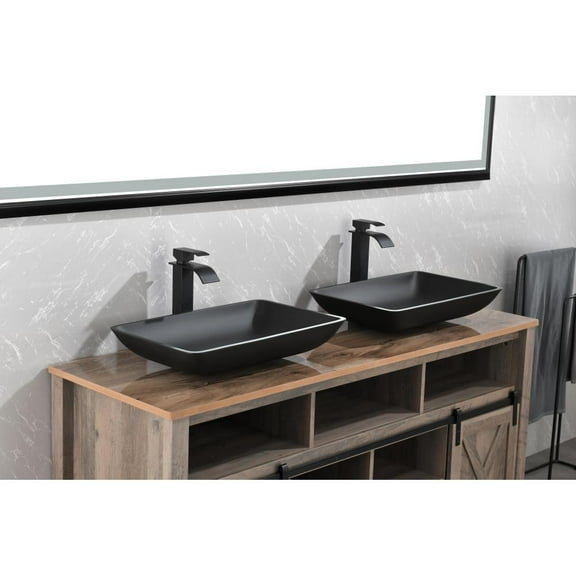 14.38" L -22.25" W -4-3/8 in. H Matte Shell  Glass Rectangular Vessel Bathroom Sink in Black with  Faucet and Pop-Up Drain in Matte Black