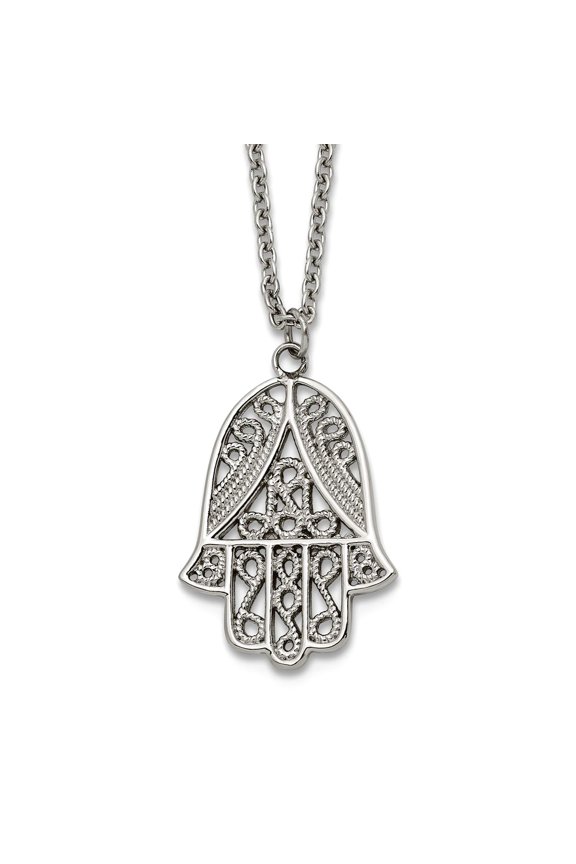 14.3mm Stainless Steel Polished and Textured Hamsa + 2in Necklace 18 Inch Pendant Necklace for Women