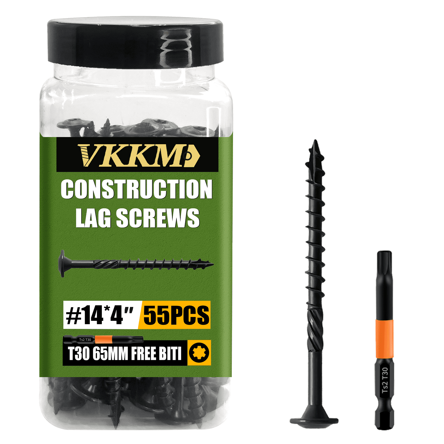 #14*4" Lag Screws, 55Pcs Black Epoxy Coated Exterior Structural Screws, Rust Resistant Wood Screws for Indoor and Outdoors, Bit Included