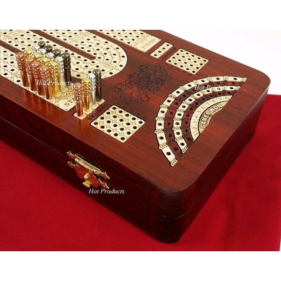 14" 4 TRACK CONTINUOUS Cribbage Board BLOODWOOD Skunks Corner Games Won Hinge Bx