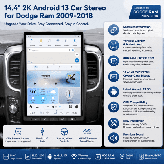 14.4 inch Tesla Style Screen Car Radio Wireless carplay For Dodge Ram 2013-2018 Car Multimedia Radio Player Android head Unit