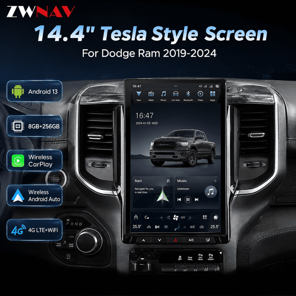 14.4" Tesla Style Screen For Dodge Ram 2019-2024 Car Multimedia Radio Player Android head Unit