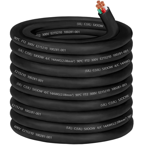 14/4 Wire SJOOW 14 AWG 4 Conductor Control Cable,14 Gauge 300V SJOOW Wire 4 Conductor OFC 14 AWG Cable for Portable Light/Mini Split Air Conditioner HVAC/Heat Pump/Speaker Systems/Light/Trailer-100ft