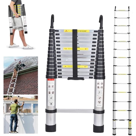 14.4 ft Extension Ladder Aluminum Telescopic Ladder 4.4M with Detachable Hooks Multi-Purpose Climb Extendable Step Heavy Duty 330lbs Max Capacity for Home Kitchen Clean