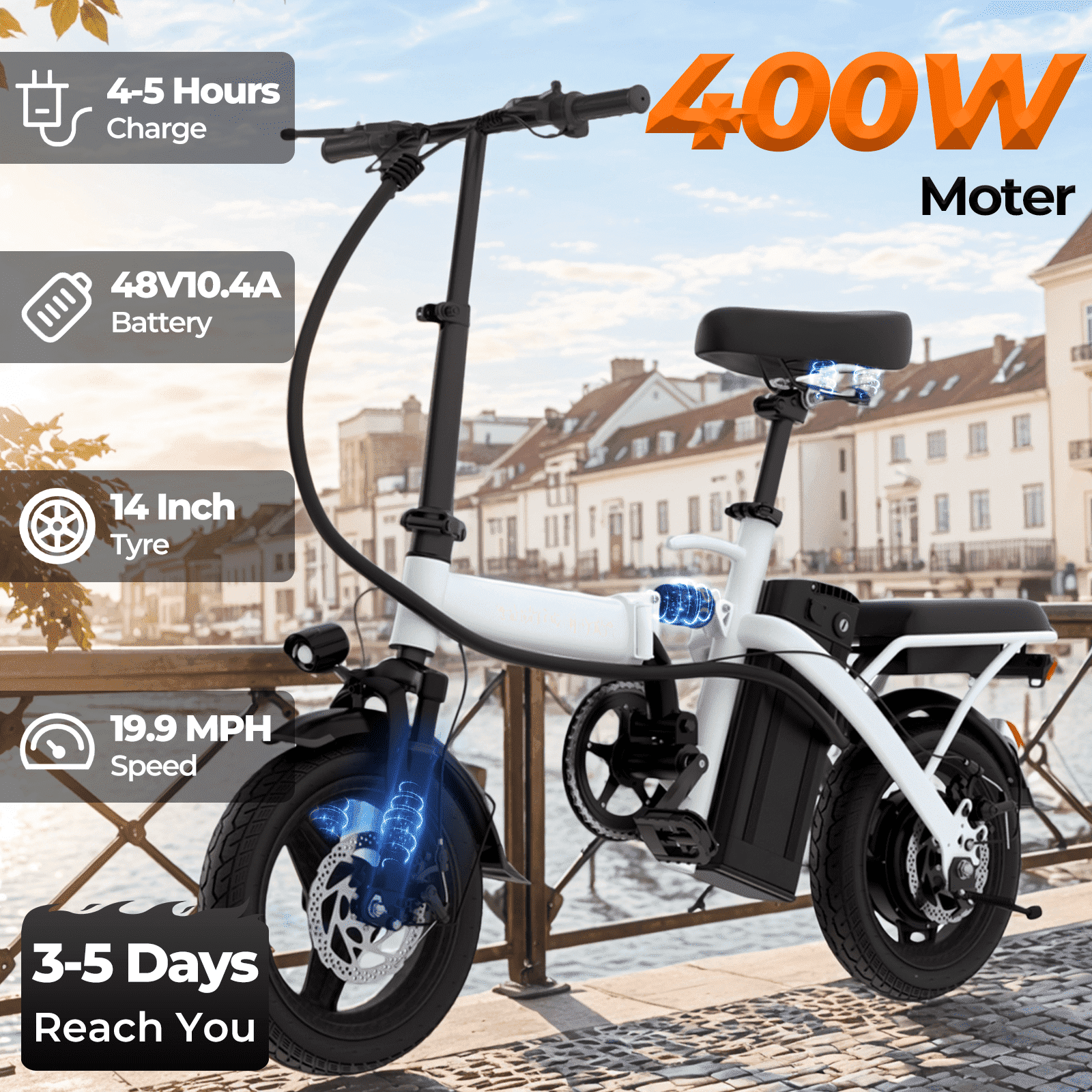 14 in 48V 400W Electric Bike for Adults - 20MPH High Speed, 16 Mile Range, Front and Rear Disc Brakes, Suspension Front Fork, Foldable Electric Bike White
