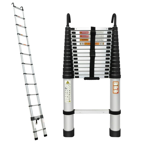 14.4ft Aluminum Telescoping Ladder with 2 Removable Hooks, Adjustable Height, EN131, 330lbs Max Load, Portable Extension Folding Ladder Multi-purpose Ladder with Anti-Slip Rubber Feet