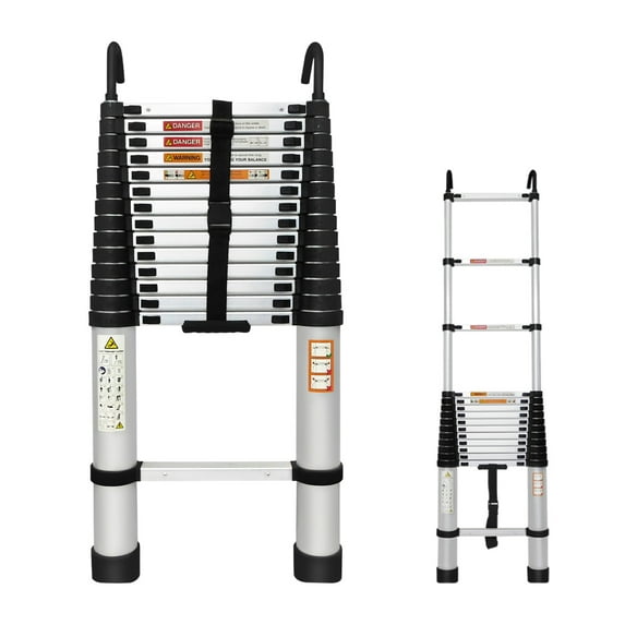 14.4ft Extension Ladder with 2 Detachable Hooks, Aluminum Telescoping Folding Ladder Portable Home Ladder, 3ft Folded Height, Adjustable Height, 330lbs Load Capacity, EN131 Standard