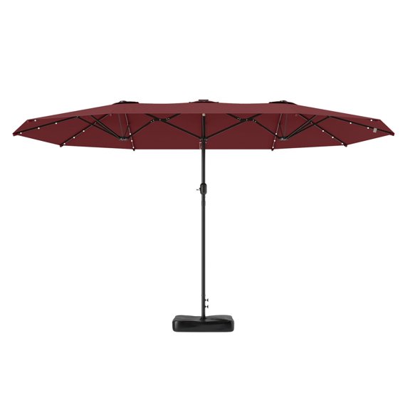 14.4ft Patio Parasol with LED Lights & Base - Wine Red Double-Sided Garden Umbrella