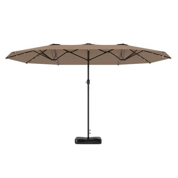 14.4ft Patio Umbrella with LED Lights - Double Canopy Outdoor Parasol with Base, Khaki