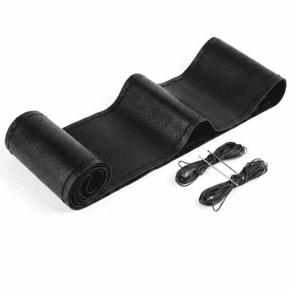 14.5"-15" Car Steering Wheel Cover, Genuine Leather, Anti-Slip, Black, With Needle & Thread