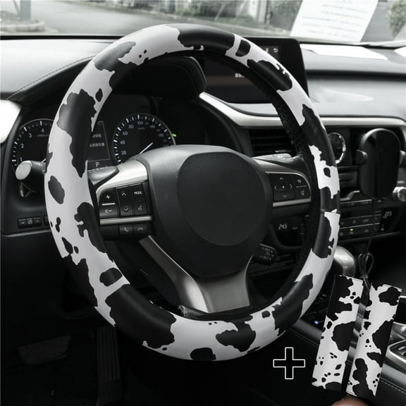 14.5''-15'' Cow Print Leather Car Steering Wheel Cover With Seat Belt Cover Black&White